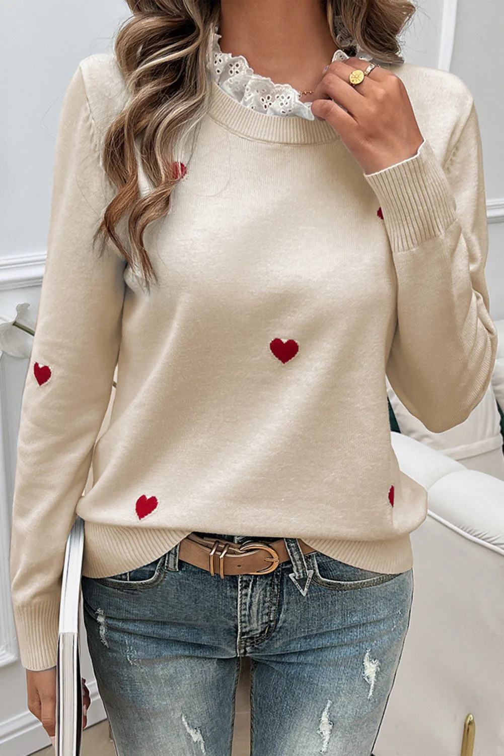 💖 Beige Embroidered Heart Shaped Long Sleeved Sweater: Because Love Should Be Worn, Not Just Felt 💖