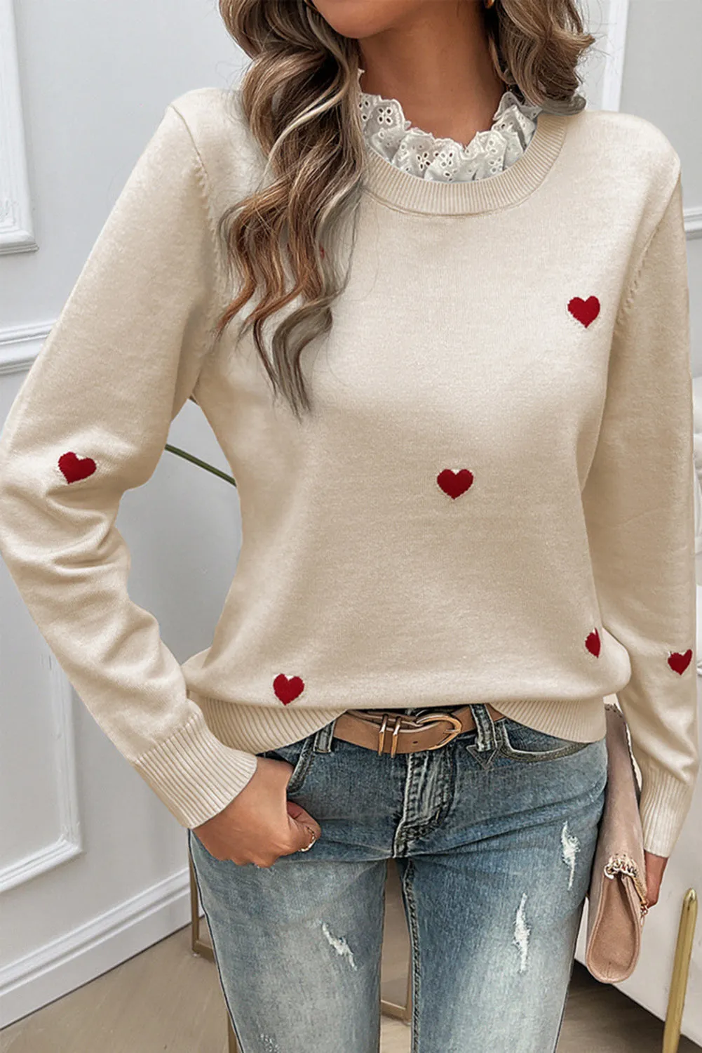 💖 Beige Embroidered Heart Shaped Long Sleeved Sweater: Because Love Should Be Worn, Not Just Felt 💖
