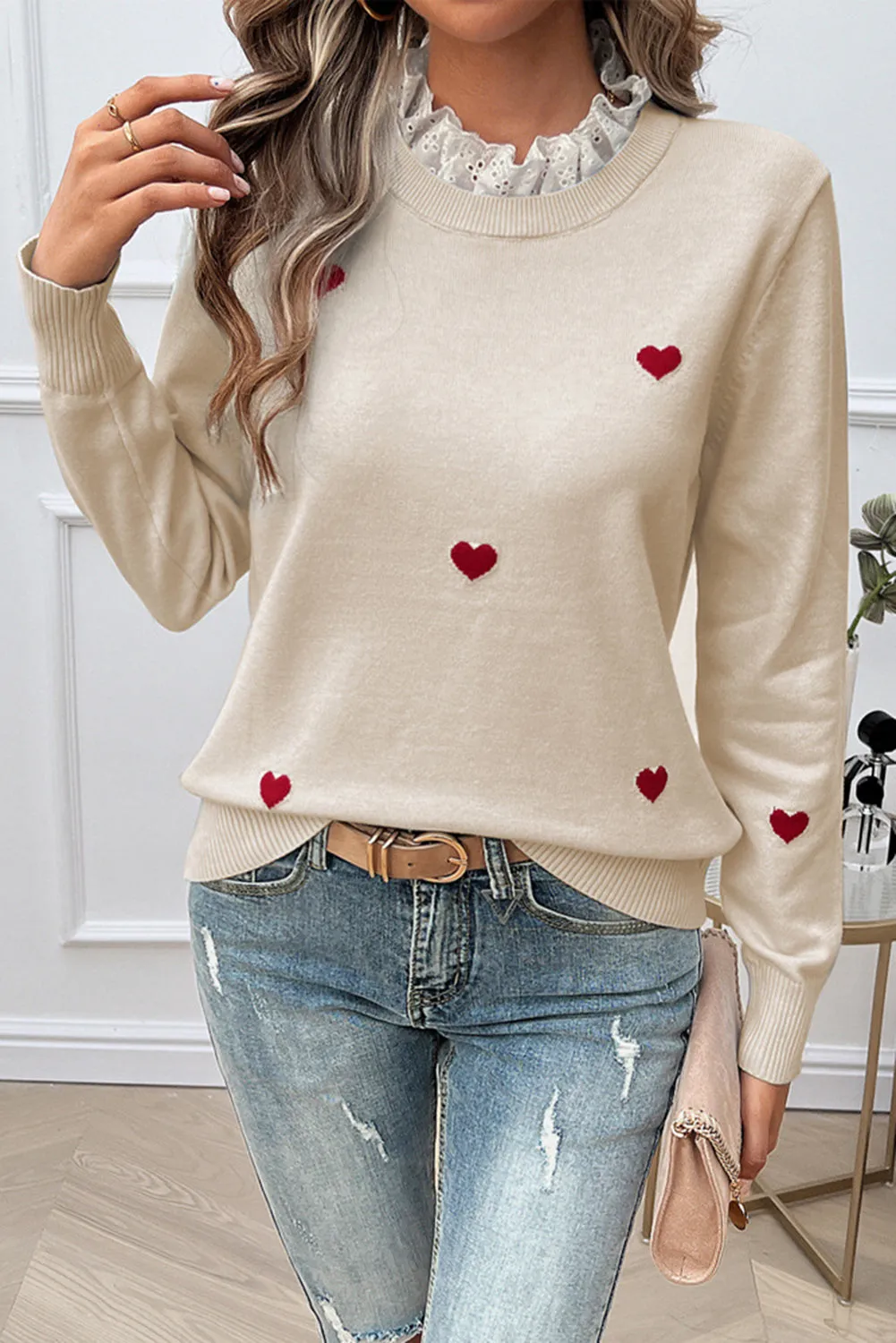 💖 Beige Embroidered Heart Shaped Long Sleeved Sweater: Because Love Should Be Worn, Not Just Felt 💖