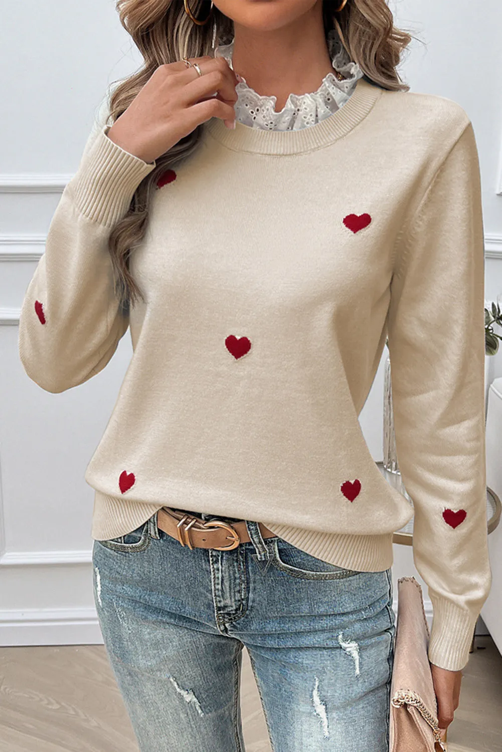 💖 Beige Embroidered Heart Shaped Long Sleeved Sweater: Because Love Should Be Worn, Not Just Felt 💖