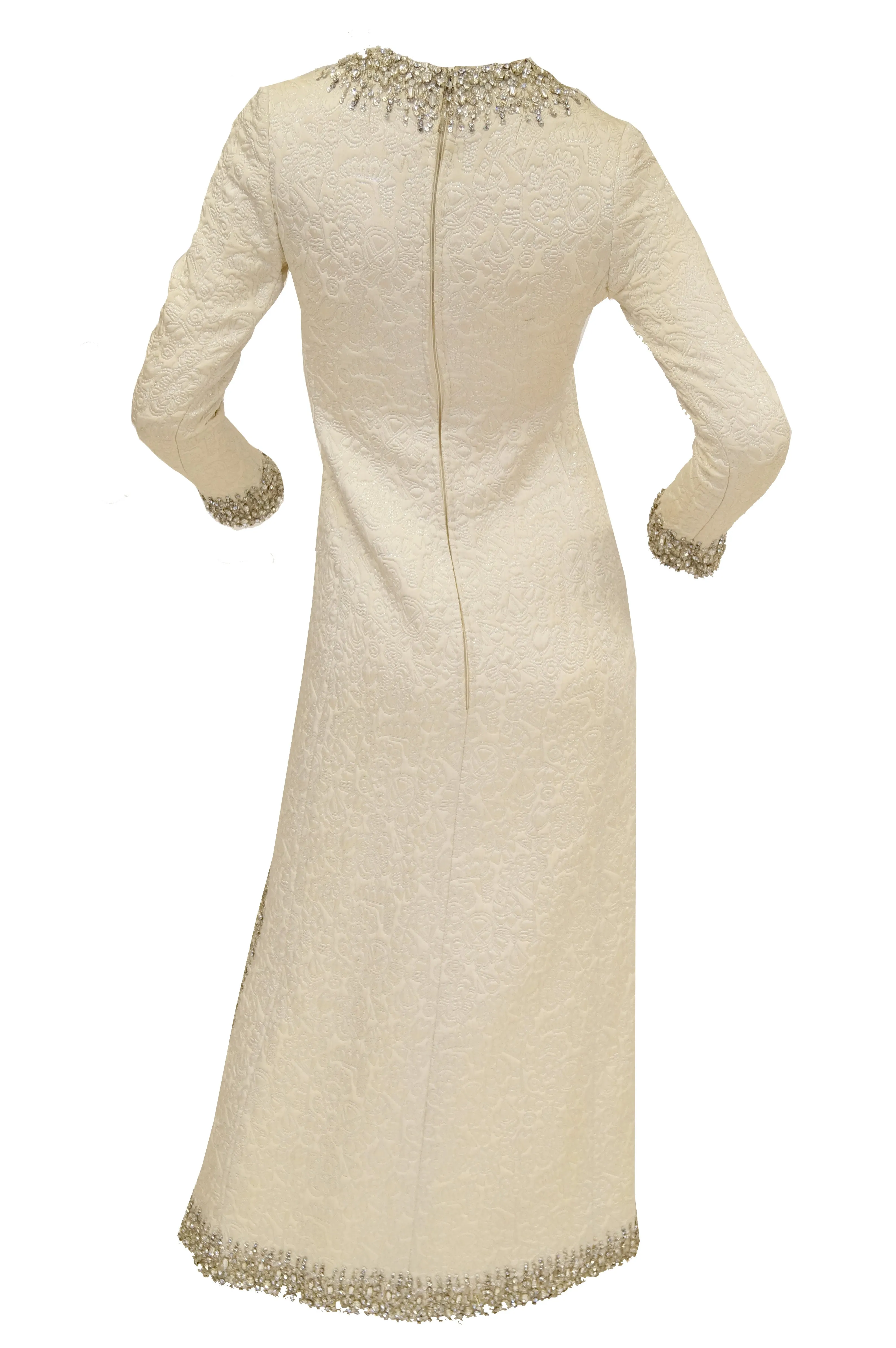 1960s Marie McCarthy for Larry Aldrich Ivory and Silver Sequin Evening Dress