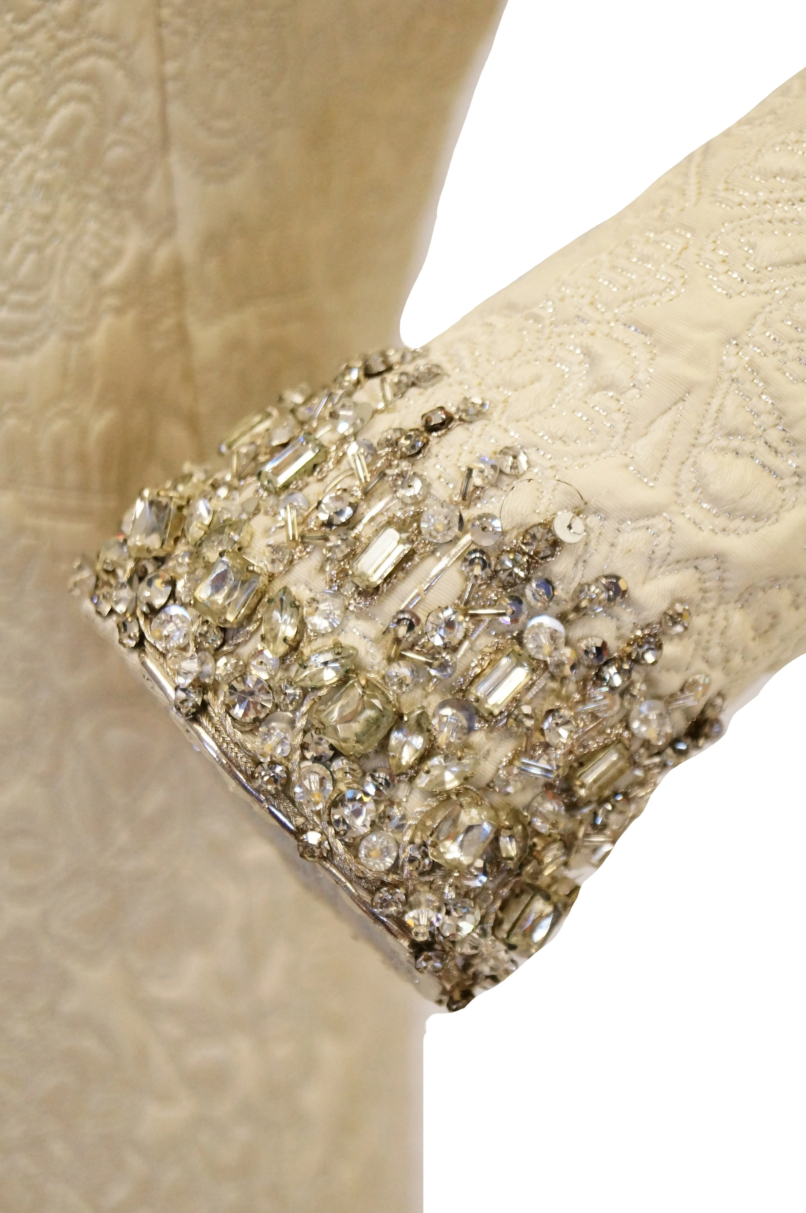 1960s Marie McCarthy for Larry Aldrich Ivory and Silver Sequin Evening Dress