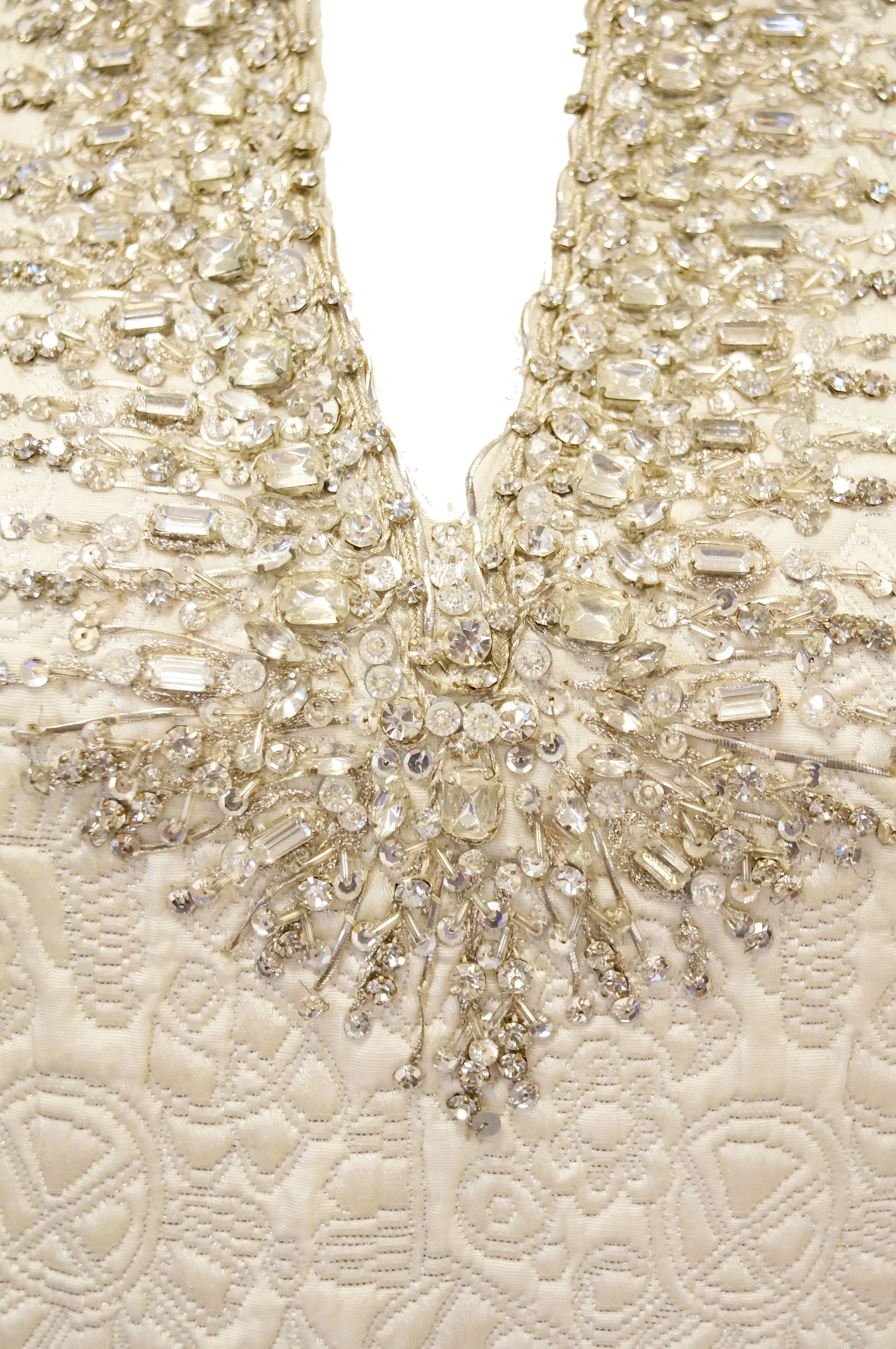 1960s Marie McCarthy for Larry Aldrich Ivory and Silver Sequin Evening Dress