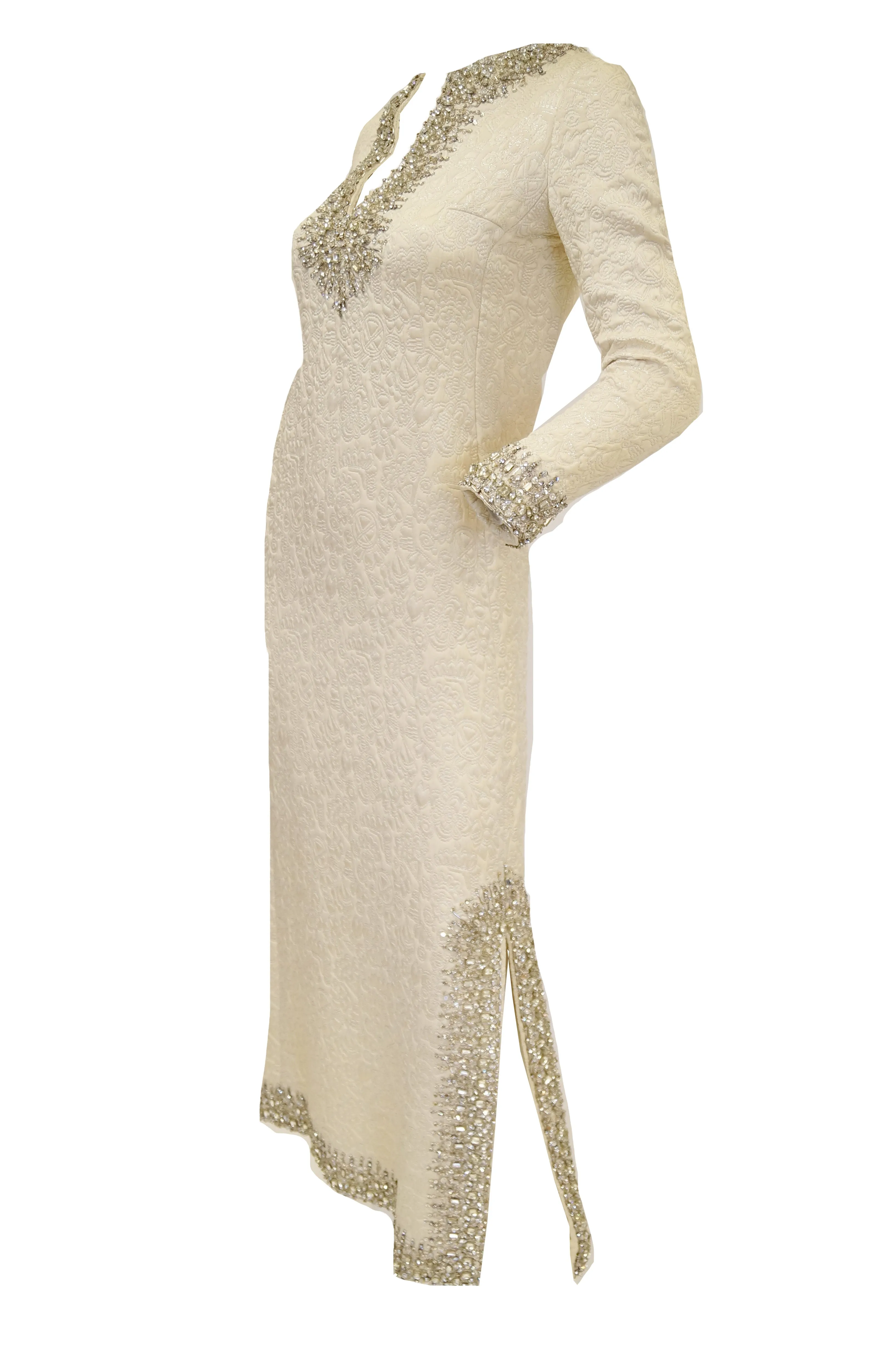 1960s Marie McCarthy for Larry Aldrich Ivory and Silver Sequin Evening Dress