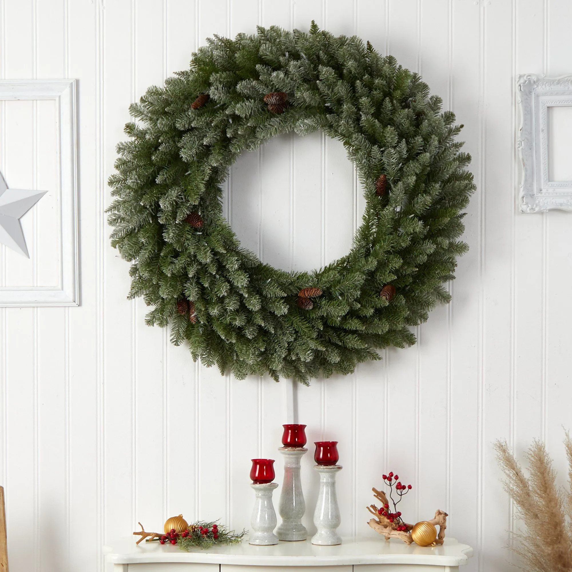4’ Large Flocked Christmas Wreath with Pinecones, 150 Clear LED Lights and 330 Bendable Branches
