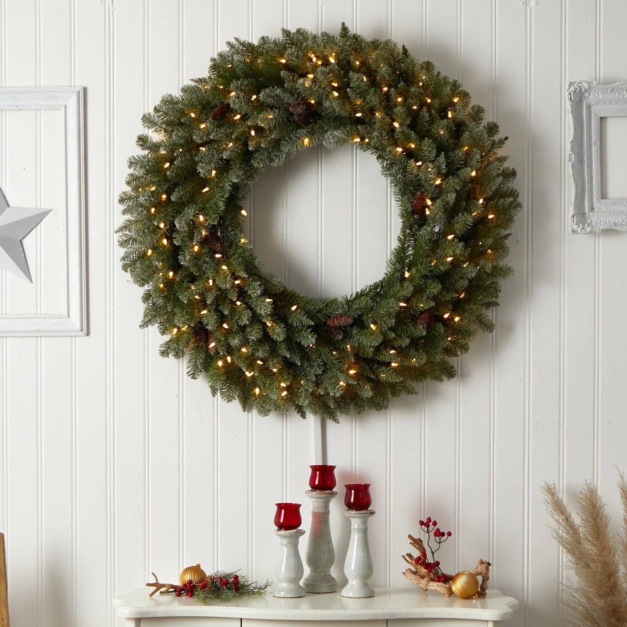 4’ Large Flocked Christmas Wreath with Pinecones, 150 Clear LED Lights and 330 Bendable Branches