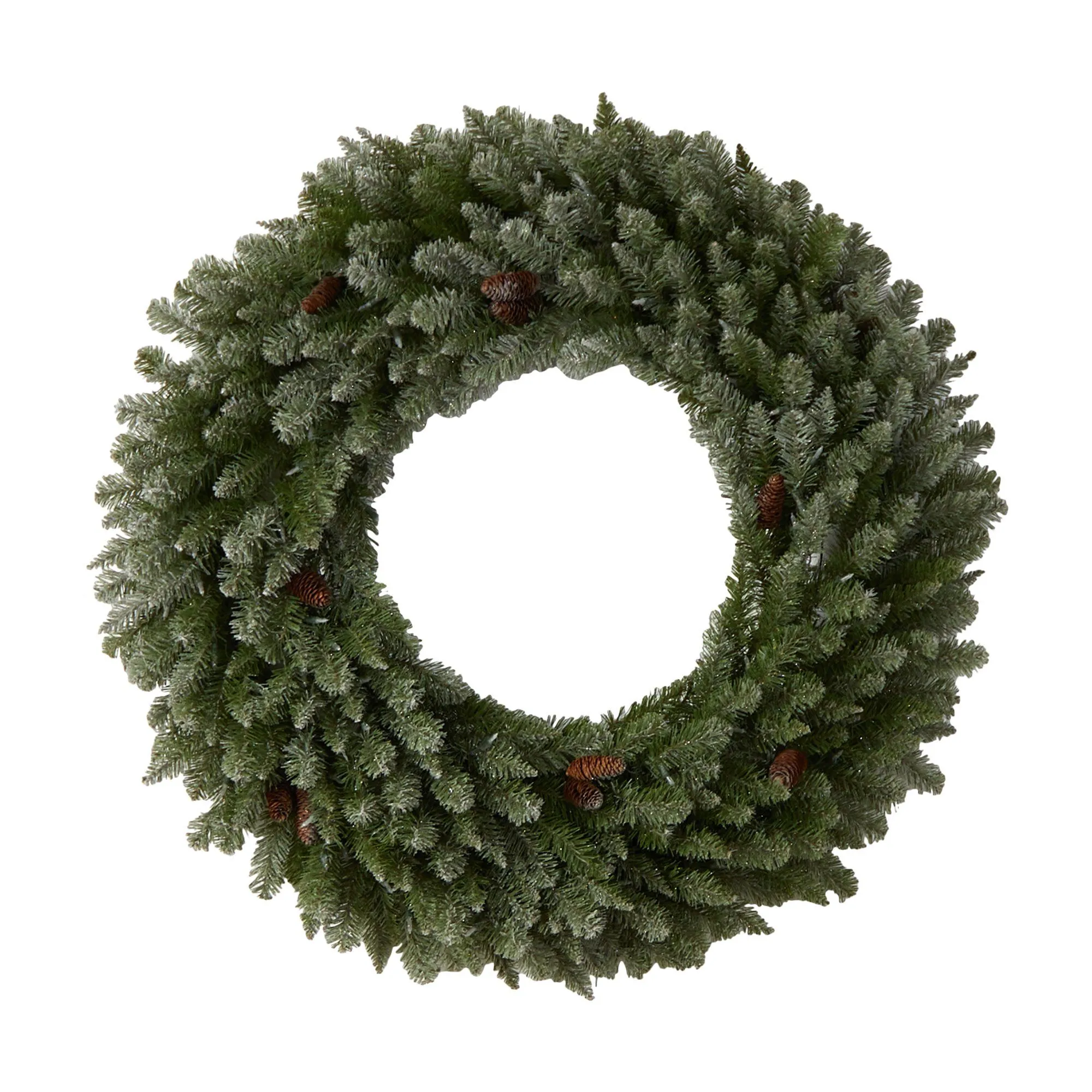 4’ Large Flocked Christmas Wreath with Pinecones, 150 Clear LED Lights and 330 Bendable Branches