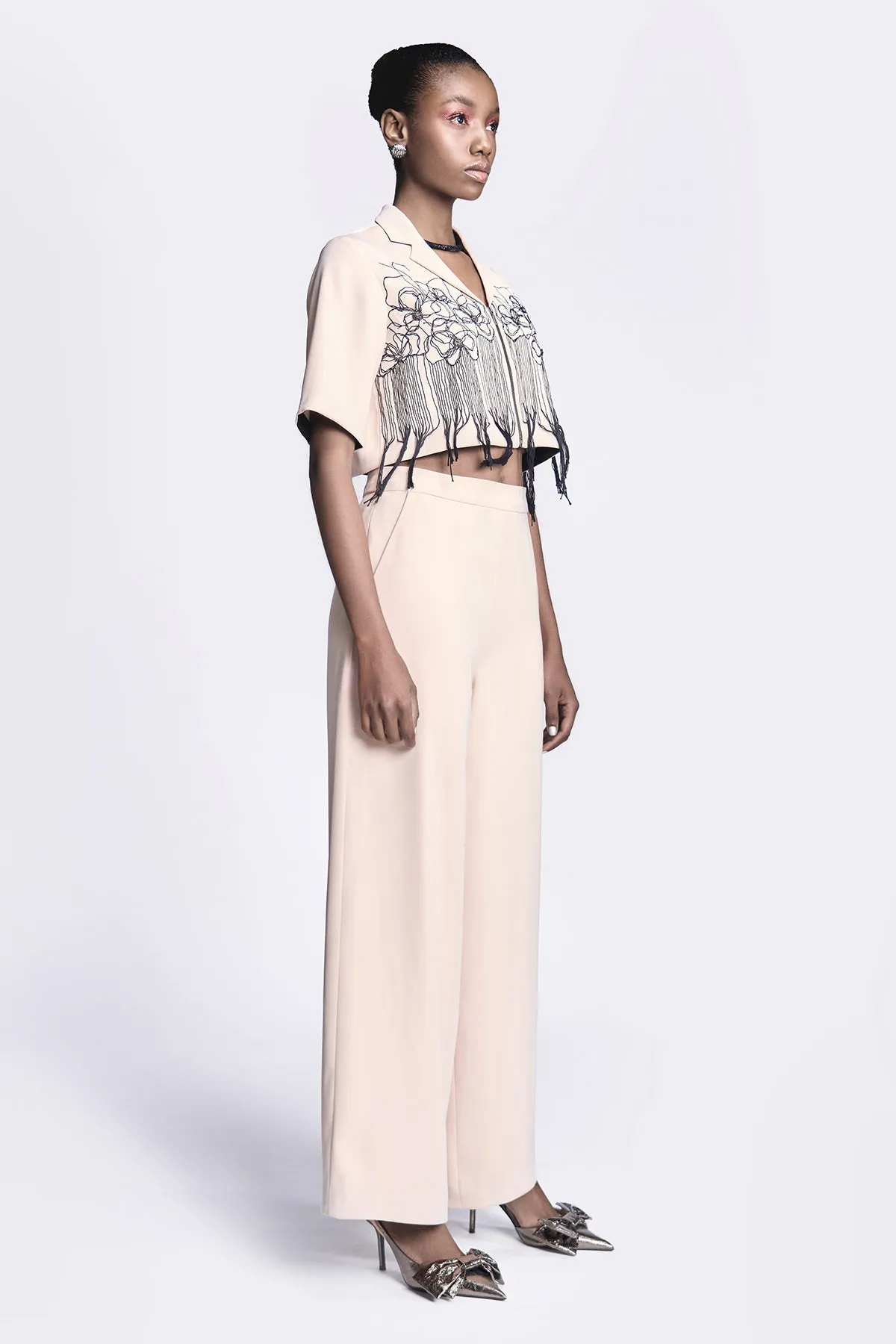 Abstract Roses Cropped Shirt With Flared Pants