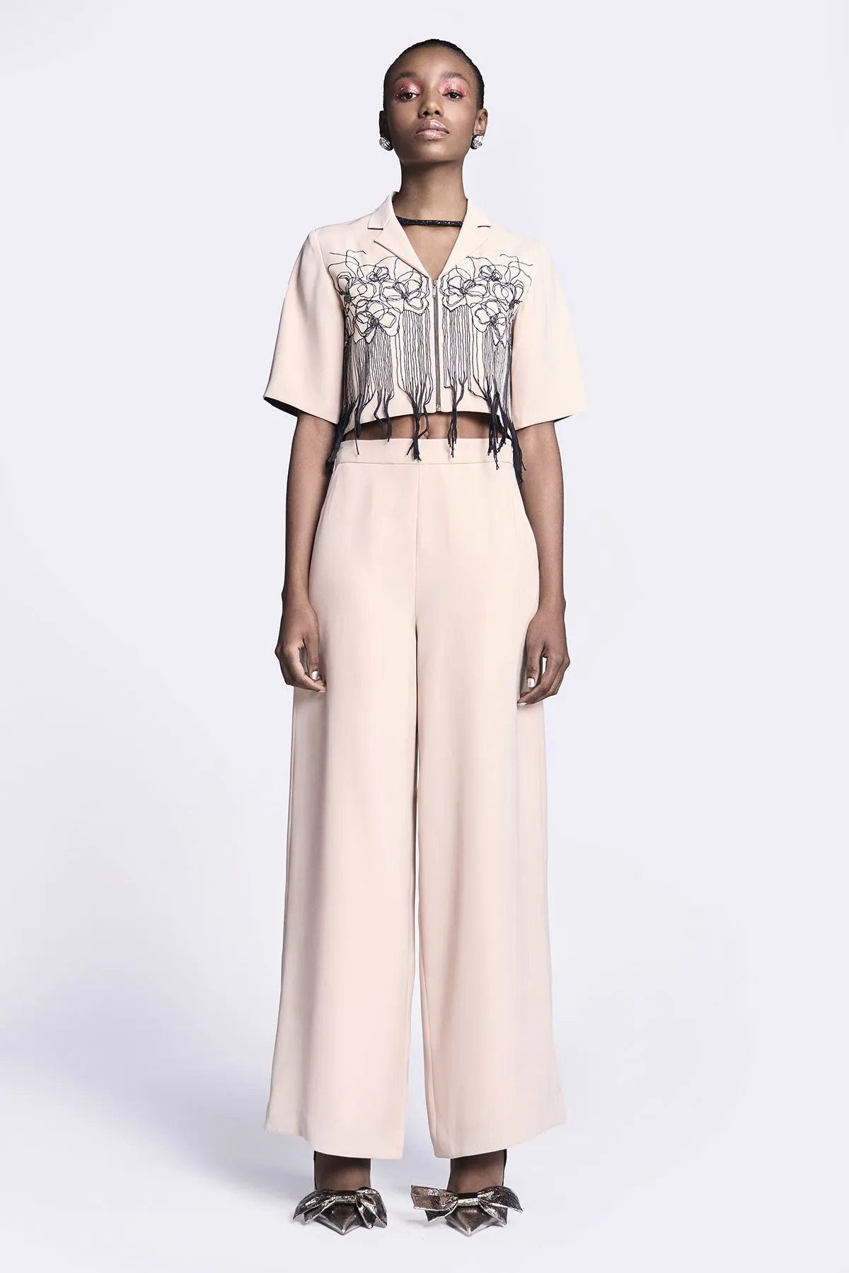 Abstract Roses Cropped Shirt With Flared Pants