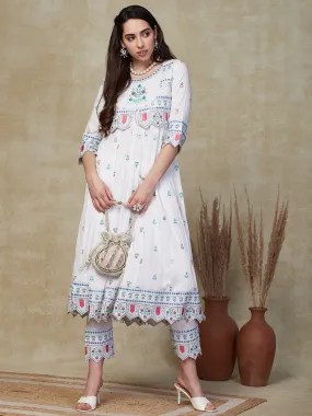 Abstract Tone-on-Tone Printed Resham Embroidered Anarkali with Waist Coat & Pants - White