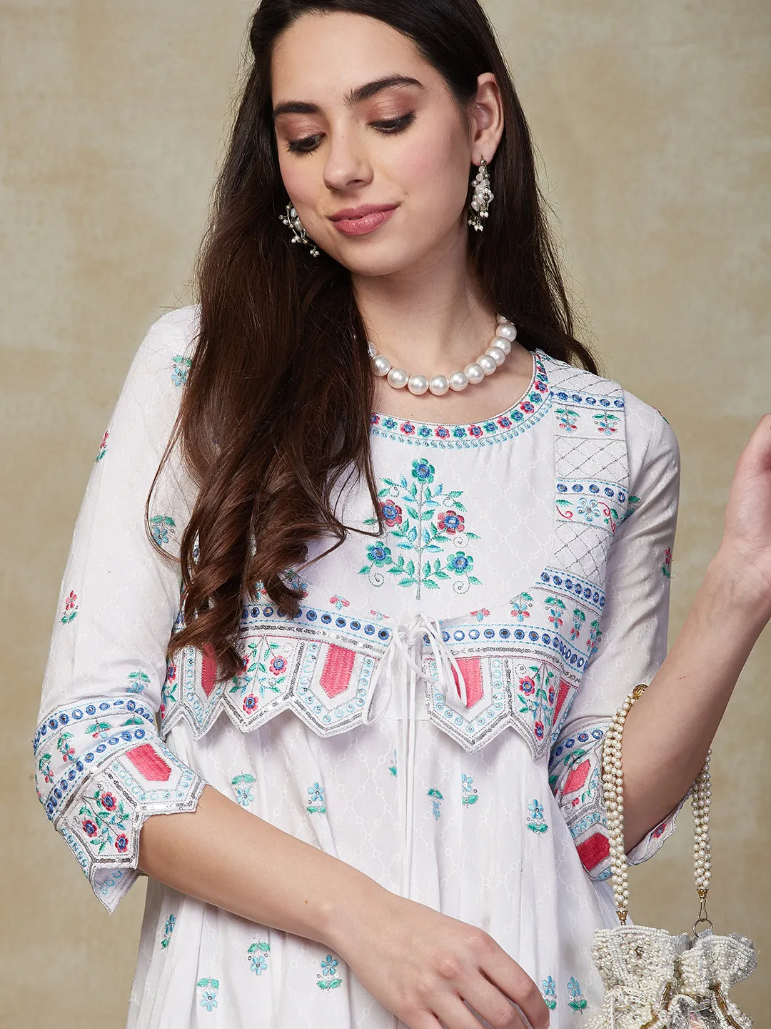 Abstract Tone-on-Tone Printed Resham Embroidered Anarkali with Waist Coat & Pants - White