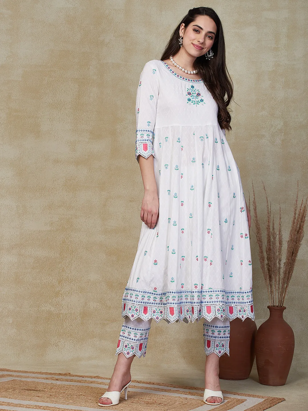 Abstract Tone-on-Tone Printed Resham Embroidered Anarkali with Waist Coat & Pants - White