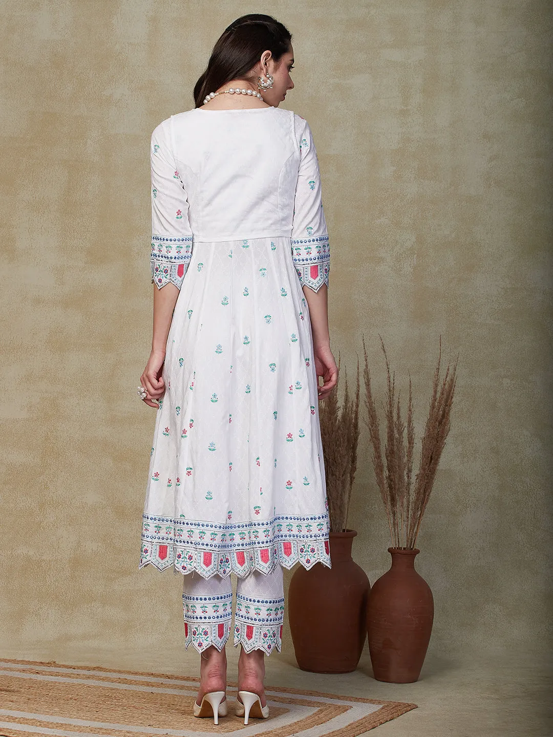 Abstract Tone-on-Tone Printed Resham Embroidered Anarkali with Waist Coat & Pants - White
