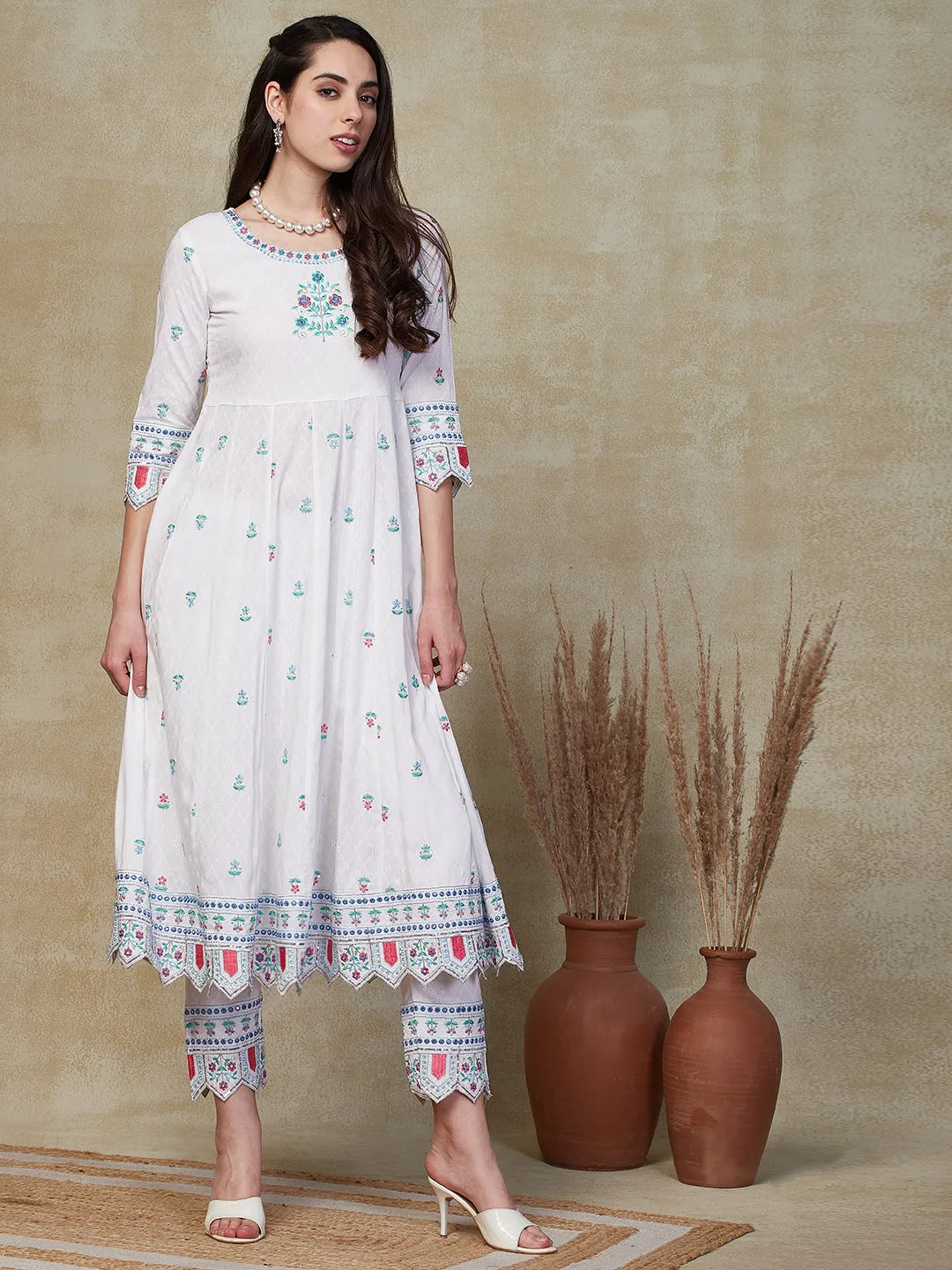 Abstract Tone-on-Tone Printed Resham Embroidered Anarkali with Waist Coat & Pants - White