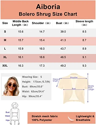 Aiboria Women Short Sleeve Sheer Mesh Shrugs Open Front Bolero Cardigan Red Large