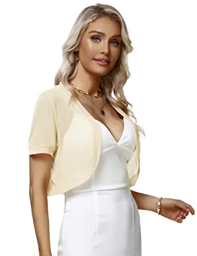 Aiboria Women Short Sleeve Sheer Mesh Shrugs Open Front Bolero Cardigan Red Large