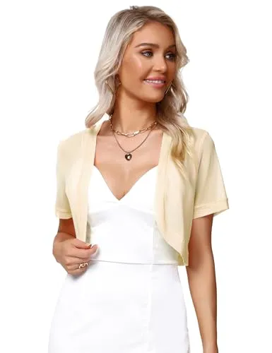 Aiboria Women Short Sleeve Sheer Mesh Shrugs Open Front Bolero Cardigan Red Large