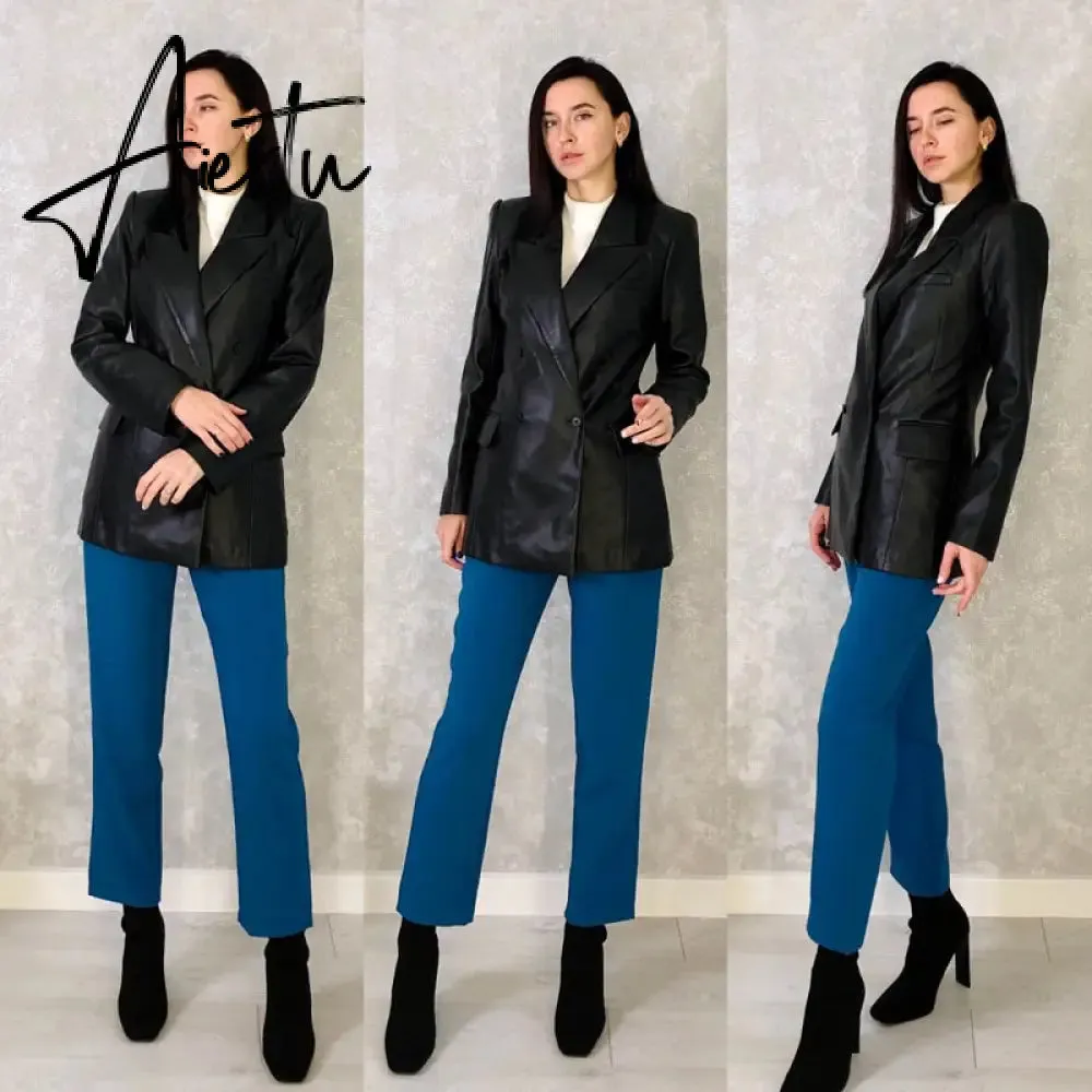 Aiertu  Autumn New Leather Blazer Jacket Women Spring PU Single Button Coat Fit Waist Motorcycle Fashion Jackets Street Outwear