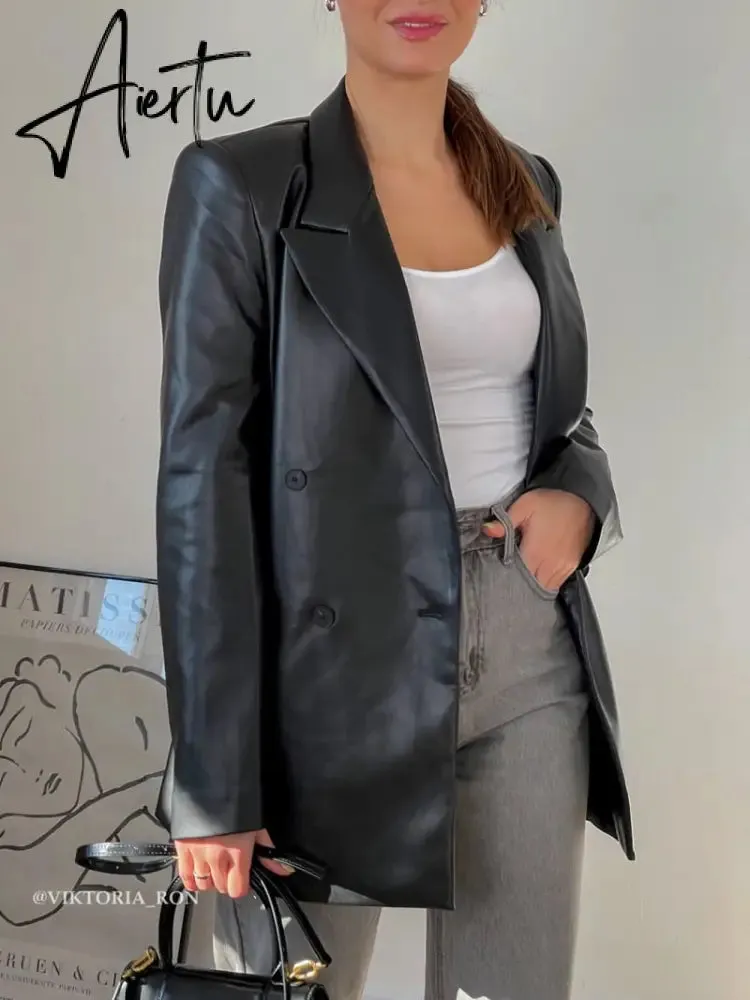 Aiertu  Autumn New Leather Blazer Jacket Women Spring PU Single Button Coat Fit Waist Motorcycle Fashion Jackets Street Outwear
