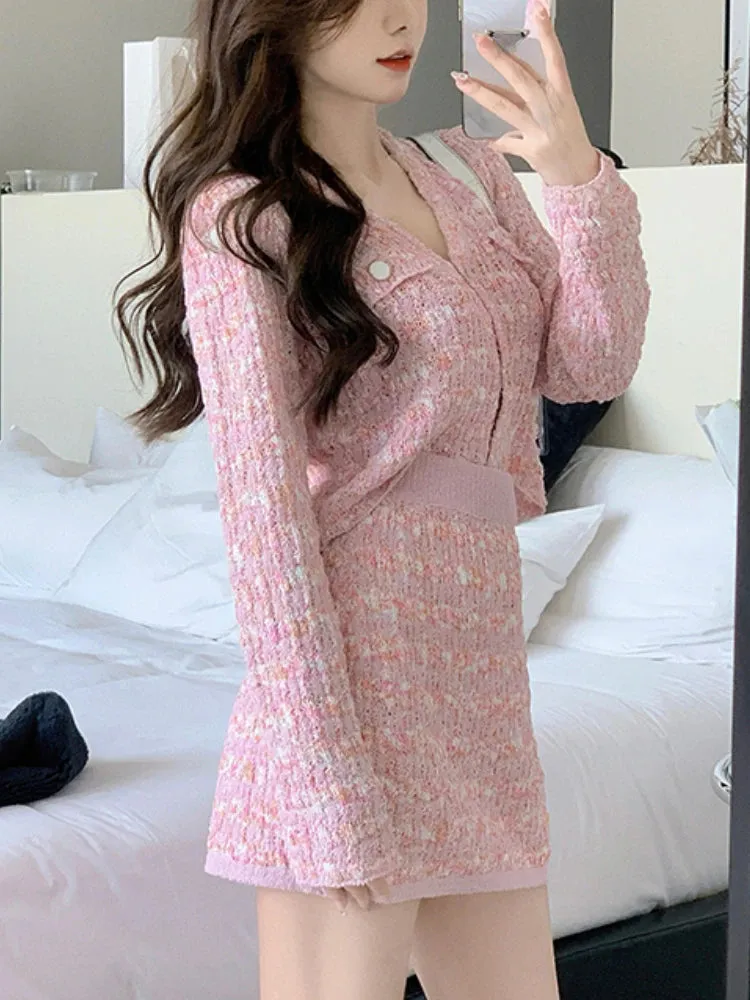 Aiertu Two Piece Dress Set Sweet Cardigan Sweater   Slim Skirt Pink Elegant Y2k Mini Dress Autumn Office Lady Casual Knitted Suits