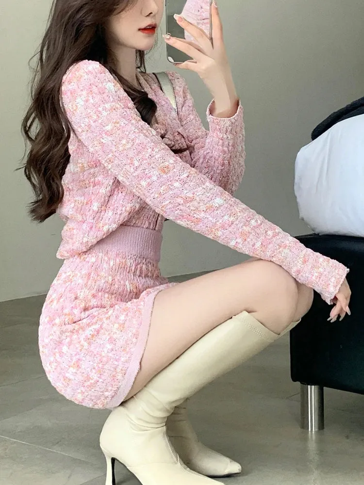 Aiertu Two Piece Dress Set Sweet Cardigan Sweater   Slim Skirt Pink Elegant Y2k Mini Dress Autumn Office Lady Casual Knitted Suits
