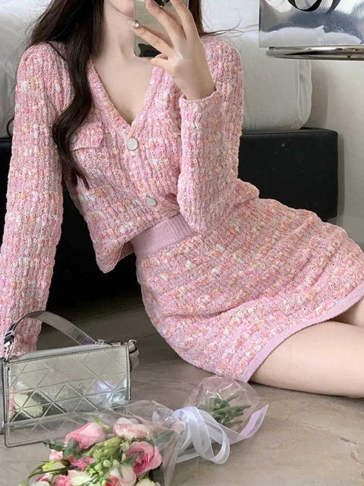Aiertu Two Piece Dress Set Sweet Cardigan Sweater   Slim Skirt Pink Elegant Y2k Mini Dress Autumn Office Lady Casual Knitted Suits