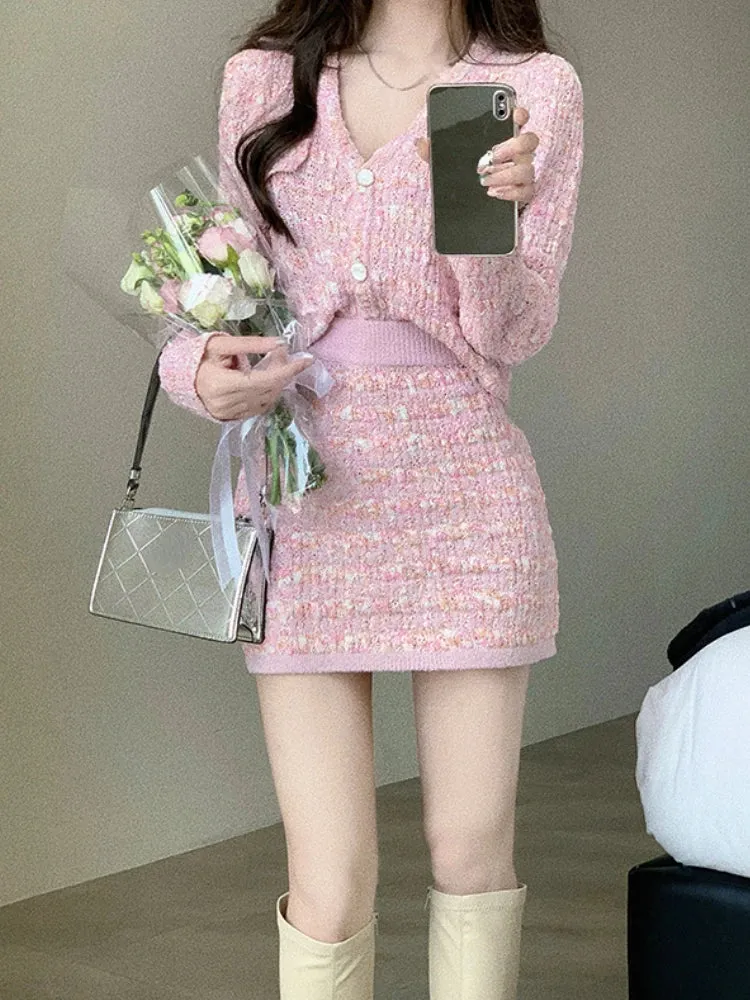 Aiertu Two Piece Dress Set Sweet Cardigan Sweater   Slim Skirt Pink Elegant Y2k Mini Dress Autumn Office Lady Casual Knitted Suits