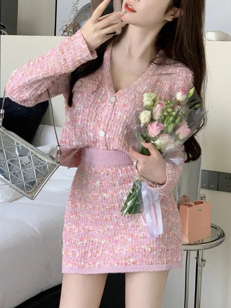 Aiertu Two Piece Dress Set Sweet Cardigan Sweater   Slim Skirt Pink Elegant Y2k Mini Dress Autumn Office Lady Casual Knitted Suits