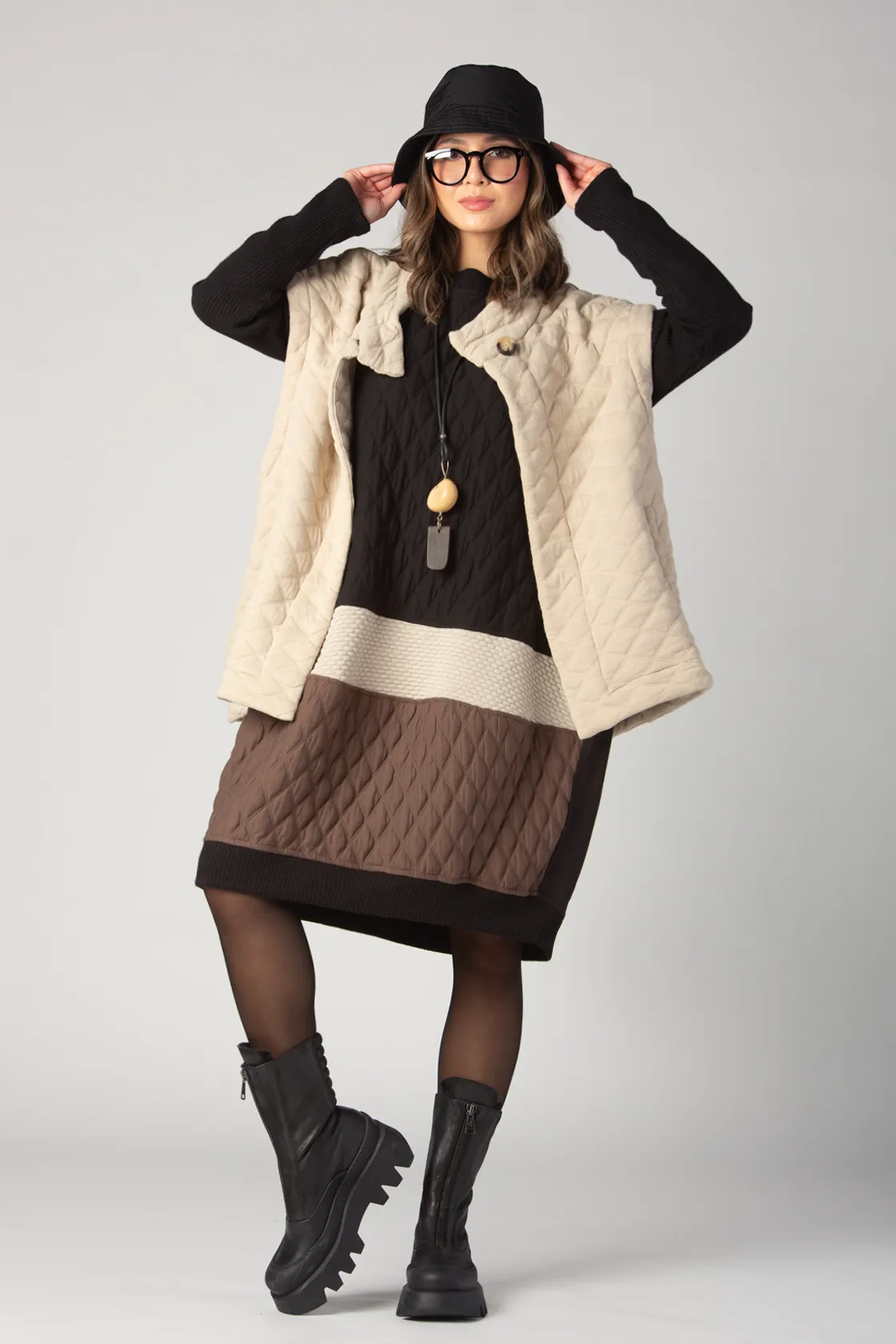 ALEMBIKA Plush Dress in Black/Coffee/Ivory