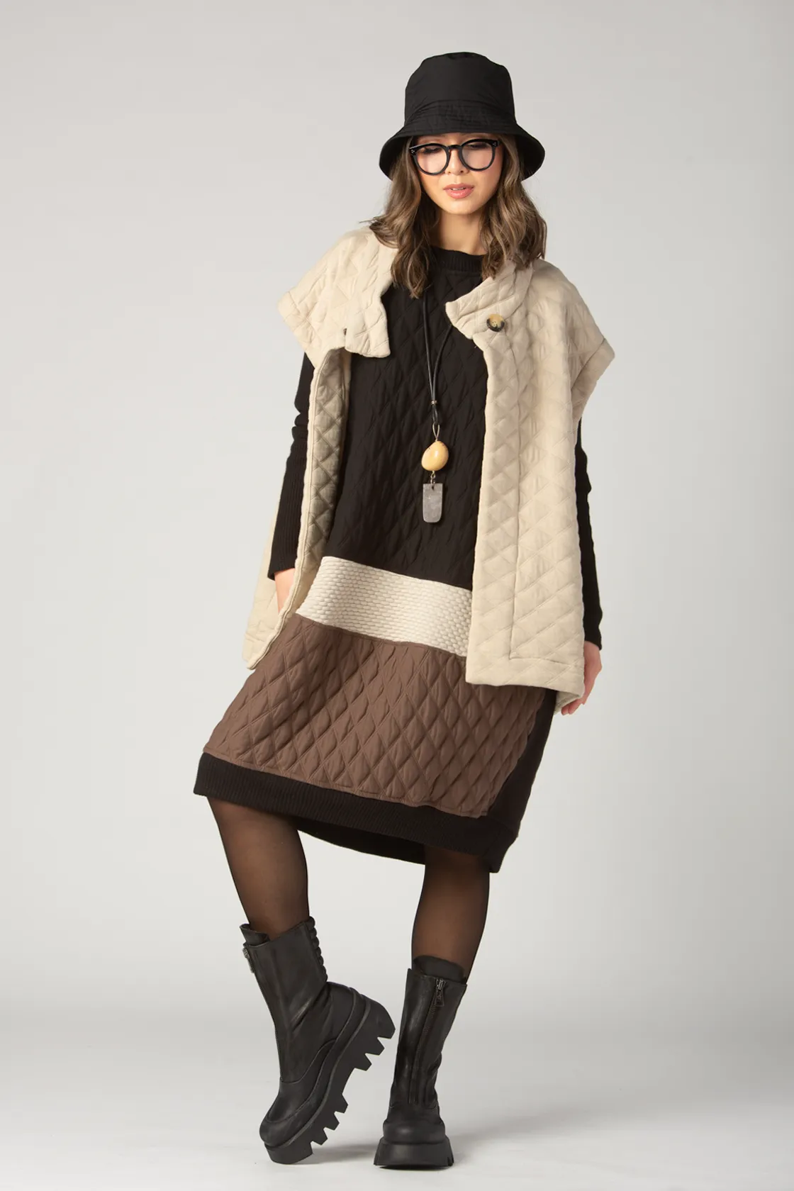 ALEMBIKA Plush Dress in Black/Coffee/Ivory