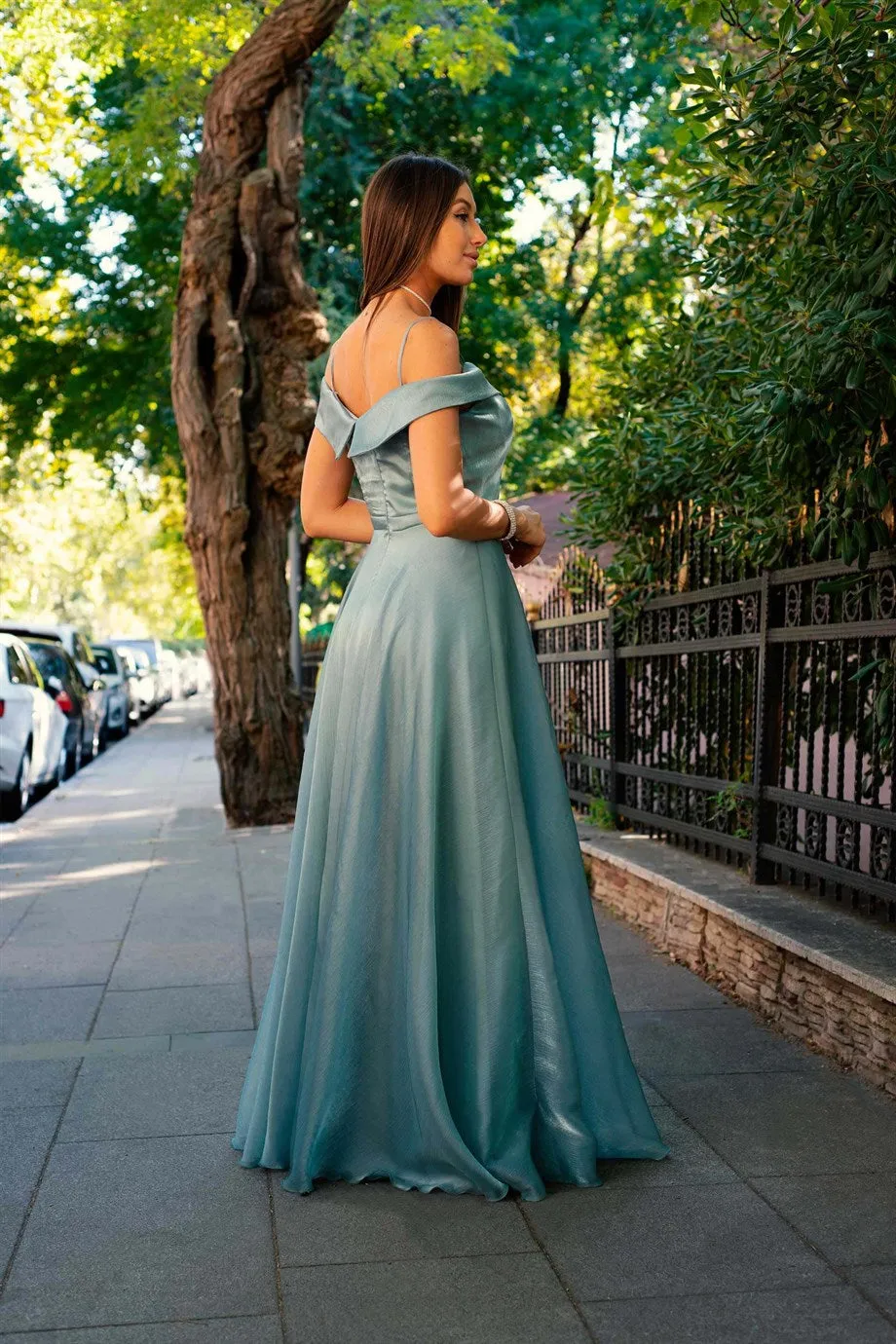 Angelino Çağla Organze Angelino Yaka Long Evening Dress