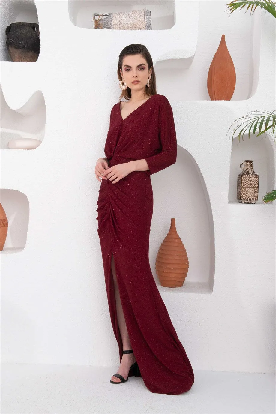 Angelino Burgundy silvery slit dress with long evening dresses