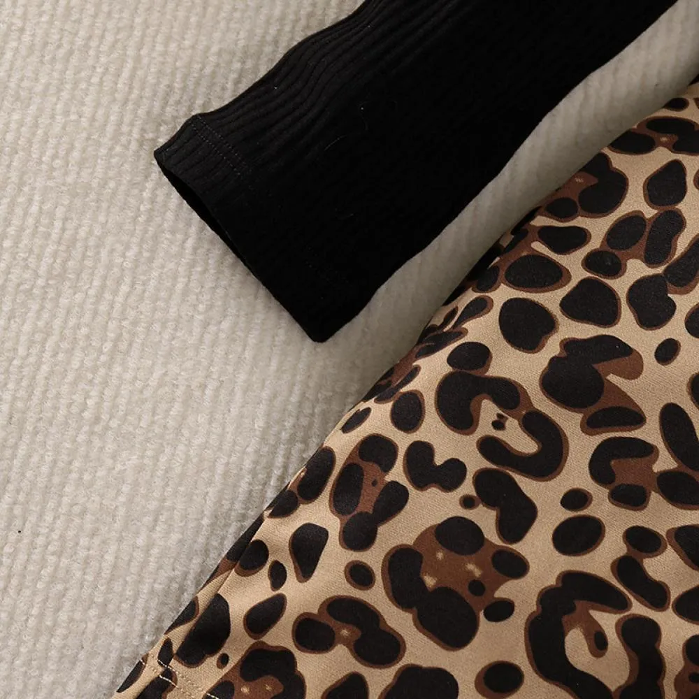 Autumn And Winter New Girls Suit Long Sleeve Knitted Jacket Leopard Print Skirt Wholesale