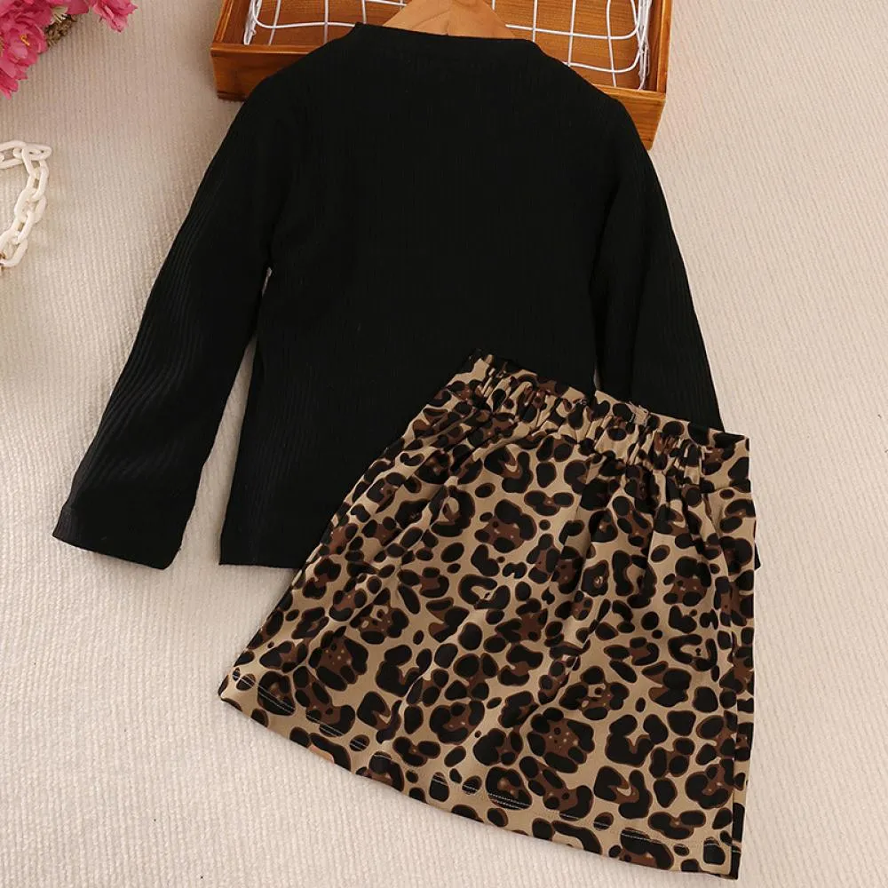 Autumn And Winter New Girls Suit Long Sleeve Knitted Jacket Leopard Print Skirt Wholesale
