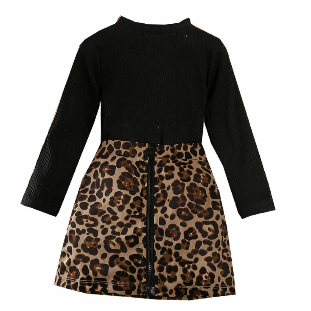 Autumn And Winter New Girls Suit Long Sleeve Knitted Jacket Leopard Print Skirt Wholesale