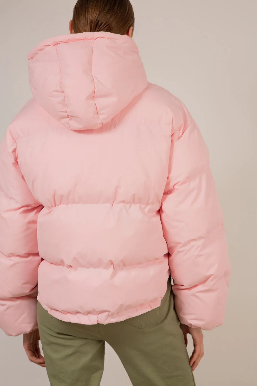 Baby pink hooded puffer jacket