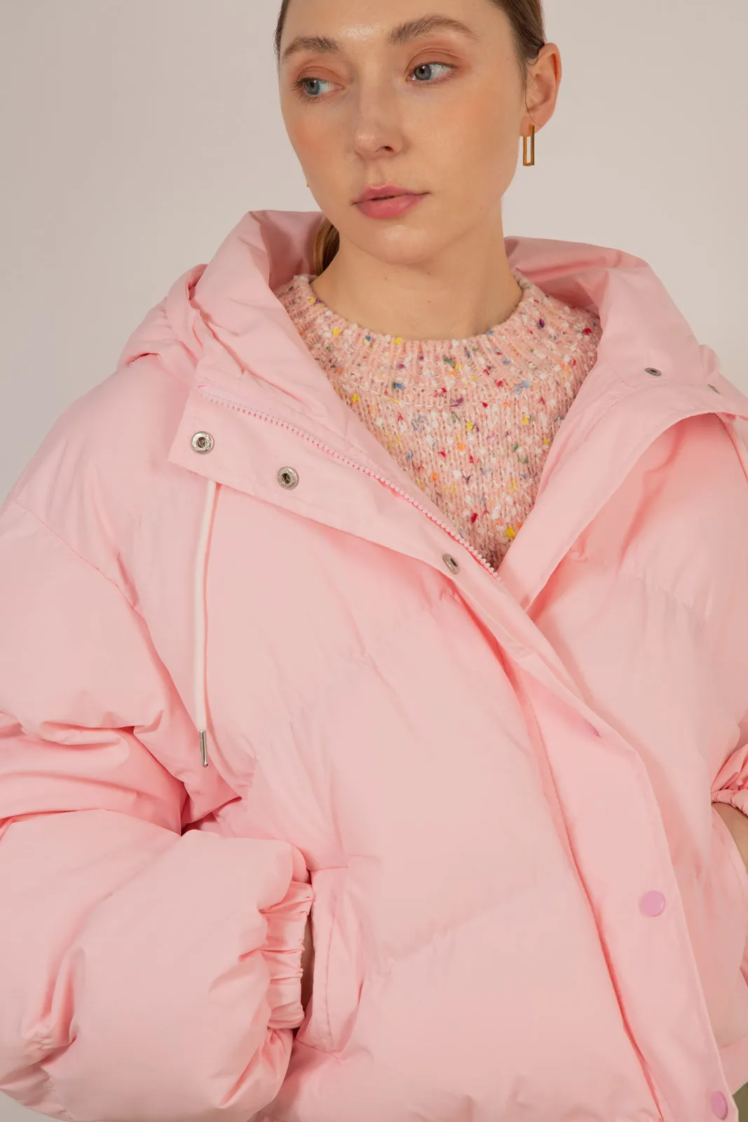 Baby pink hooded puffer jacket