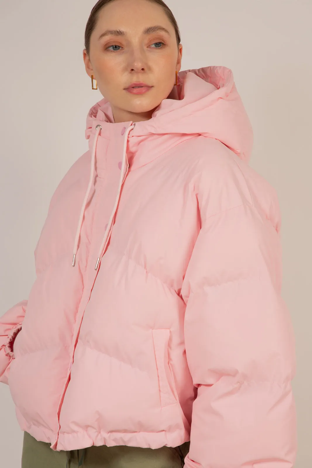 Baby pink hooded puffer jacket