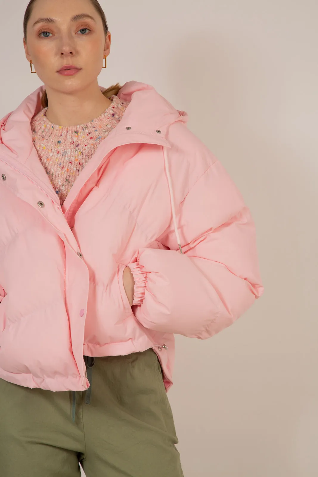 Baby pink hooded puffer jacket