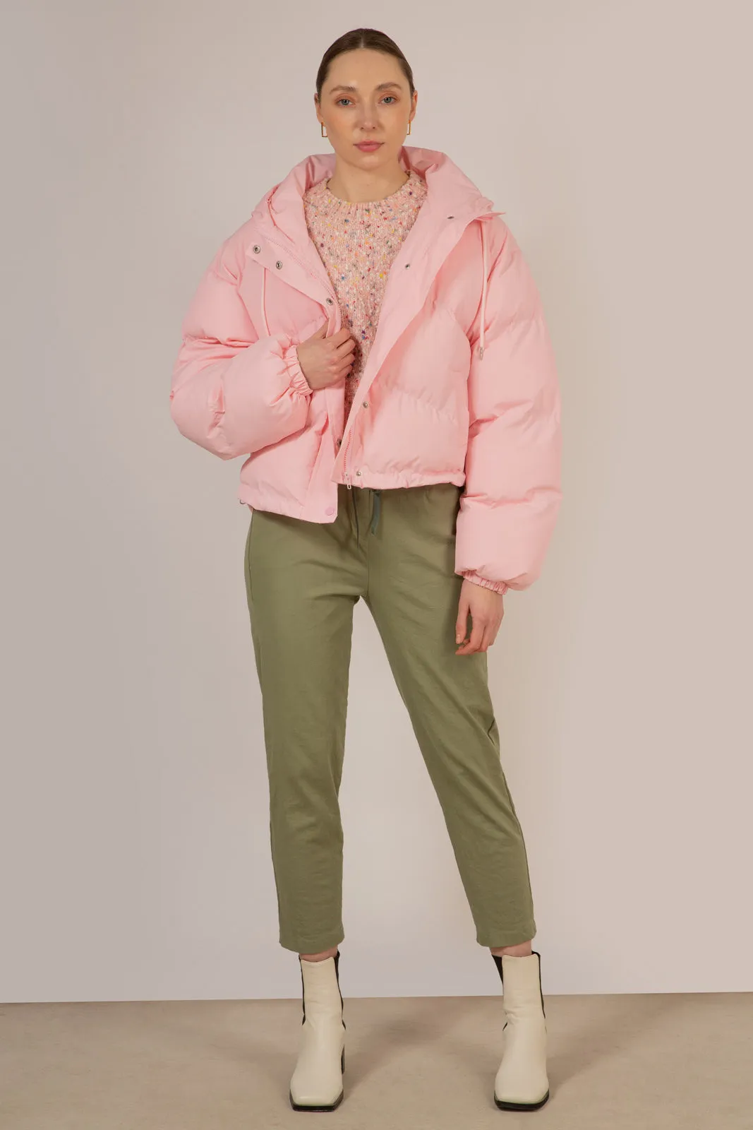 Baby pink hooded puffer jacket