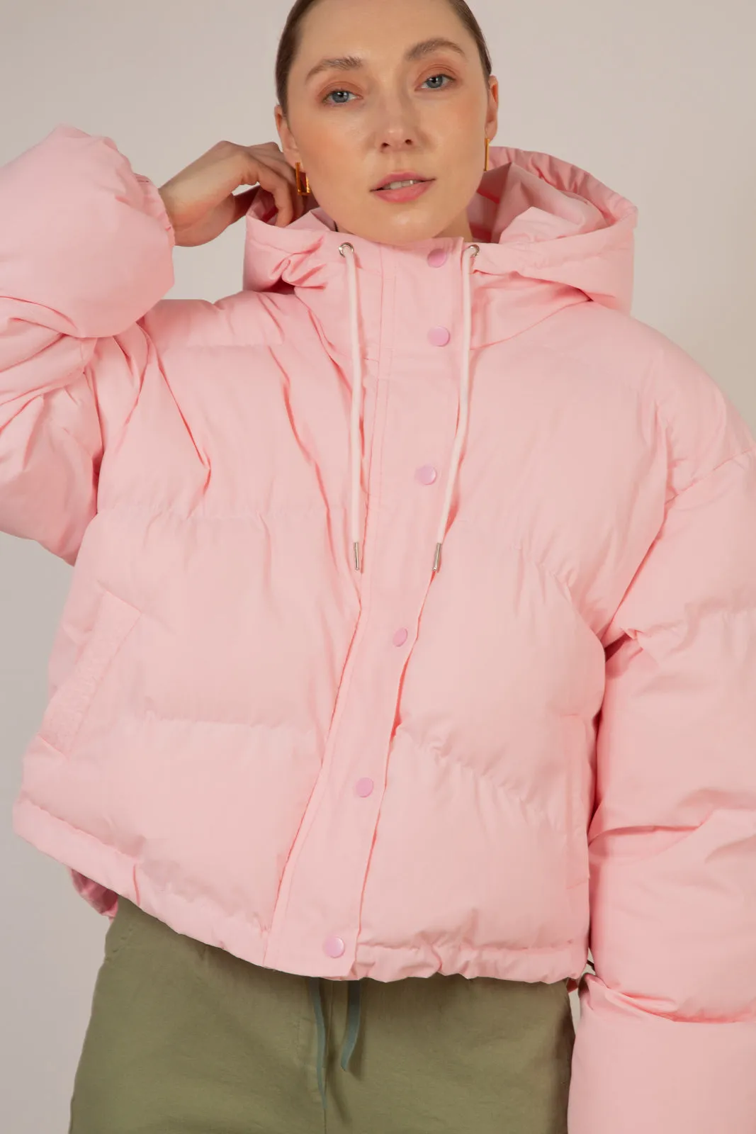 Baby pink hooded puffer jacket