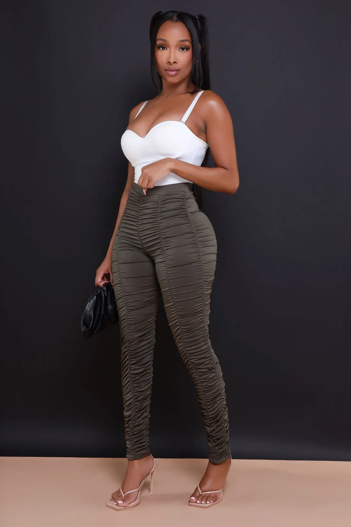 Be Honest Ruched High Waist Pants - Olive Stretch Leggings
