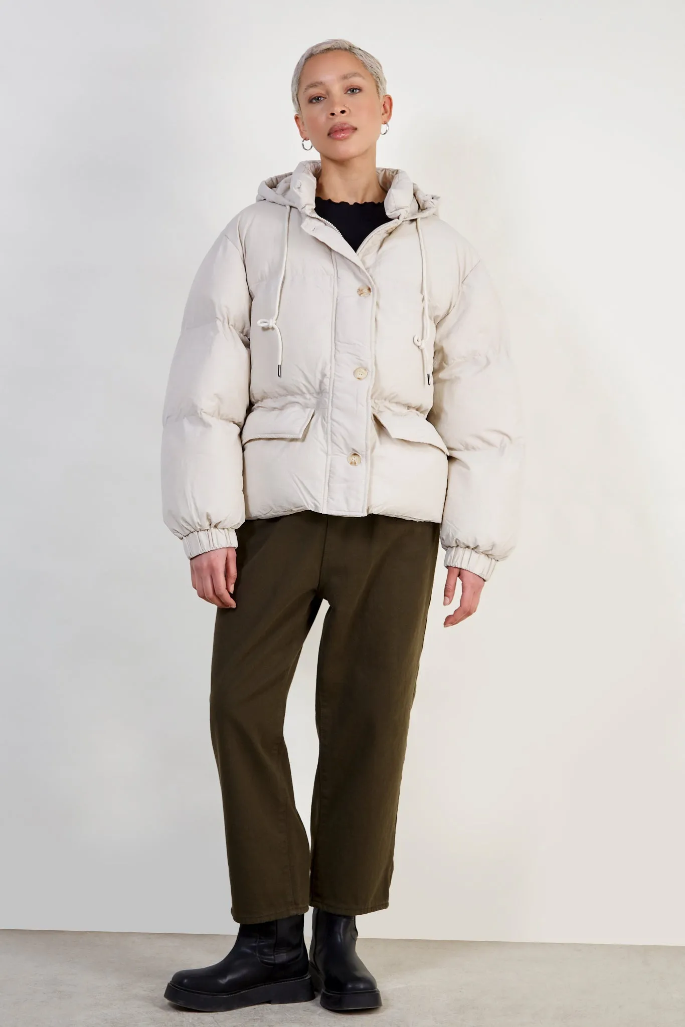 Beige short hooded puffer jacket