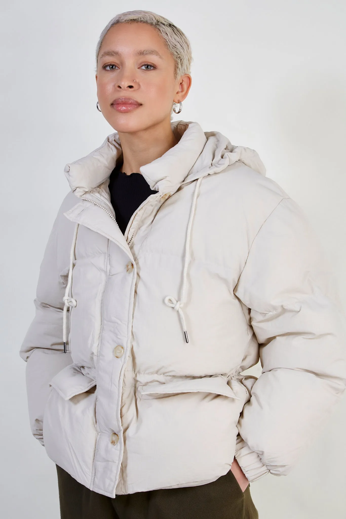 Beige short hooded puffer jacket
