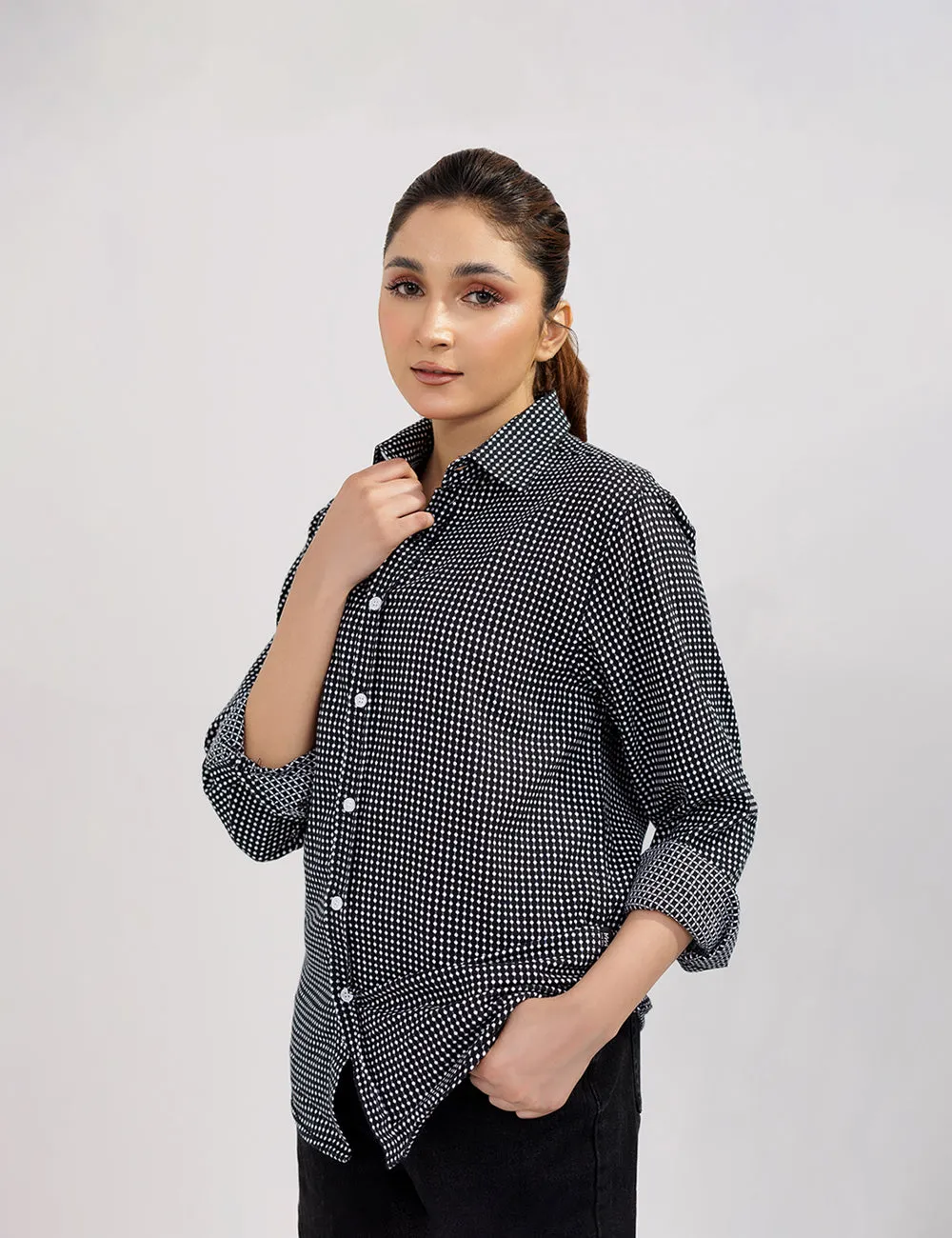 Black Polka Dot Cotton Women Shirt