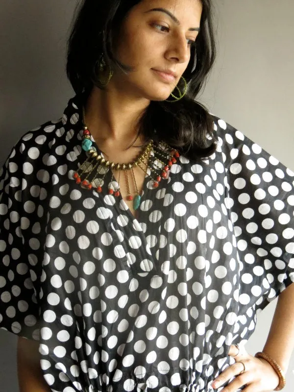 Black Polka Dots V-Neck, Ankle Length, Cinched Waist Caftan