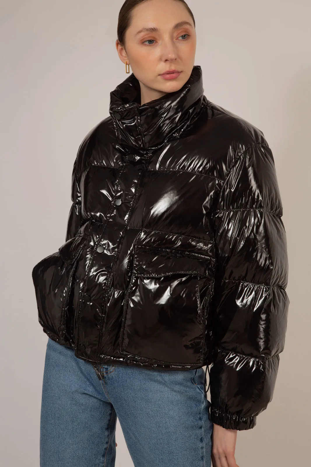 Black shiny down puffer jacket
