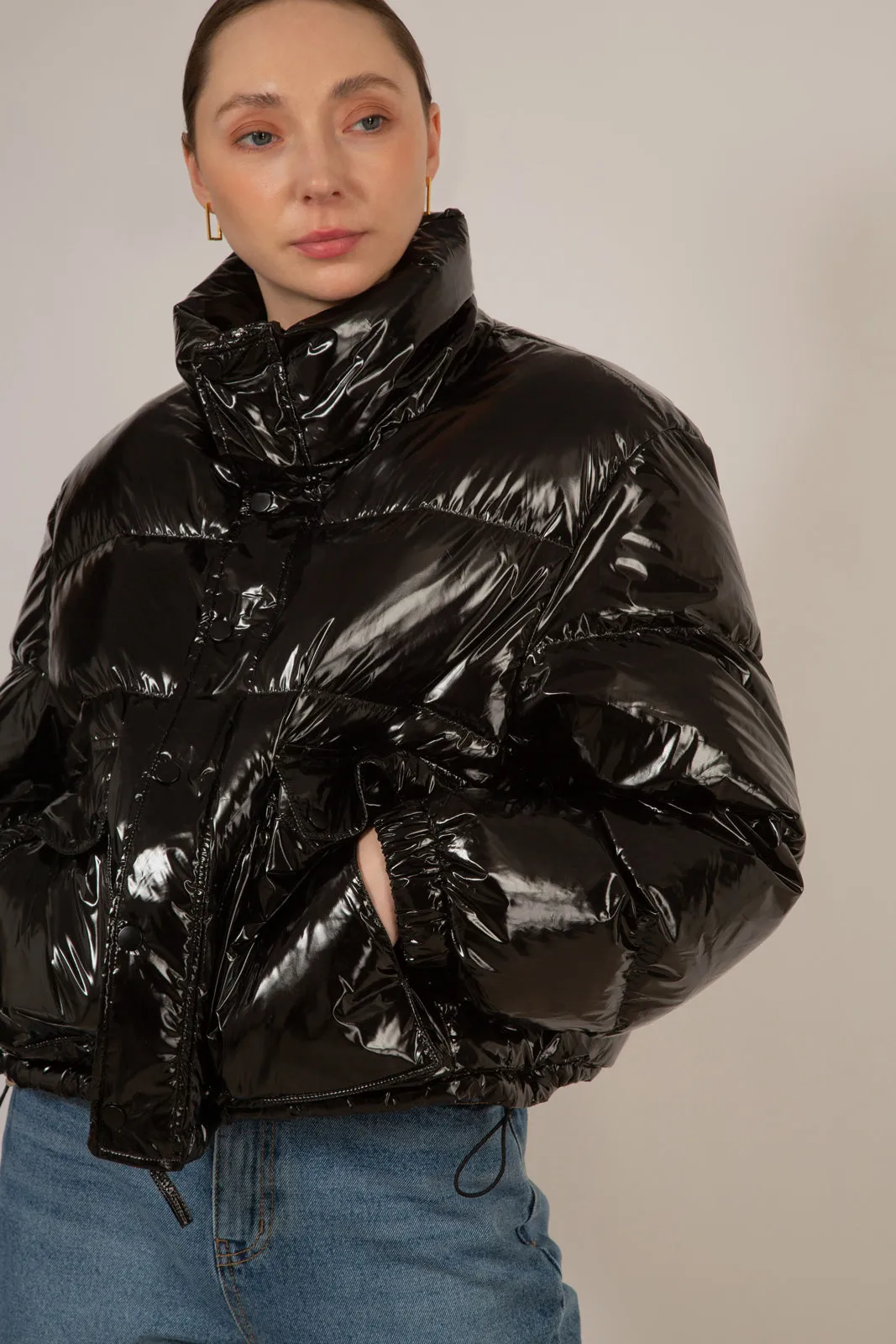 Black shiny down puffer jacket