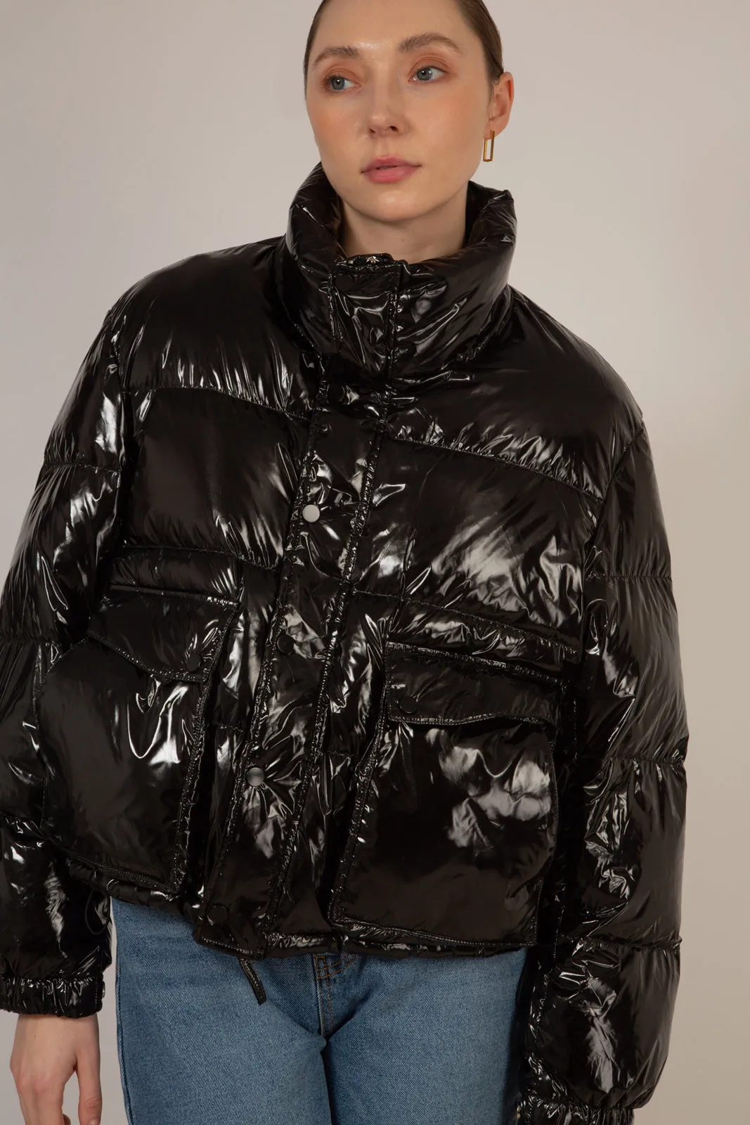 Black shiny down puffer jacket