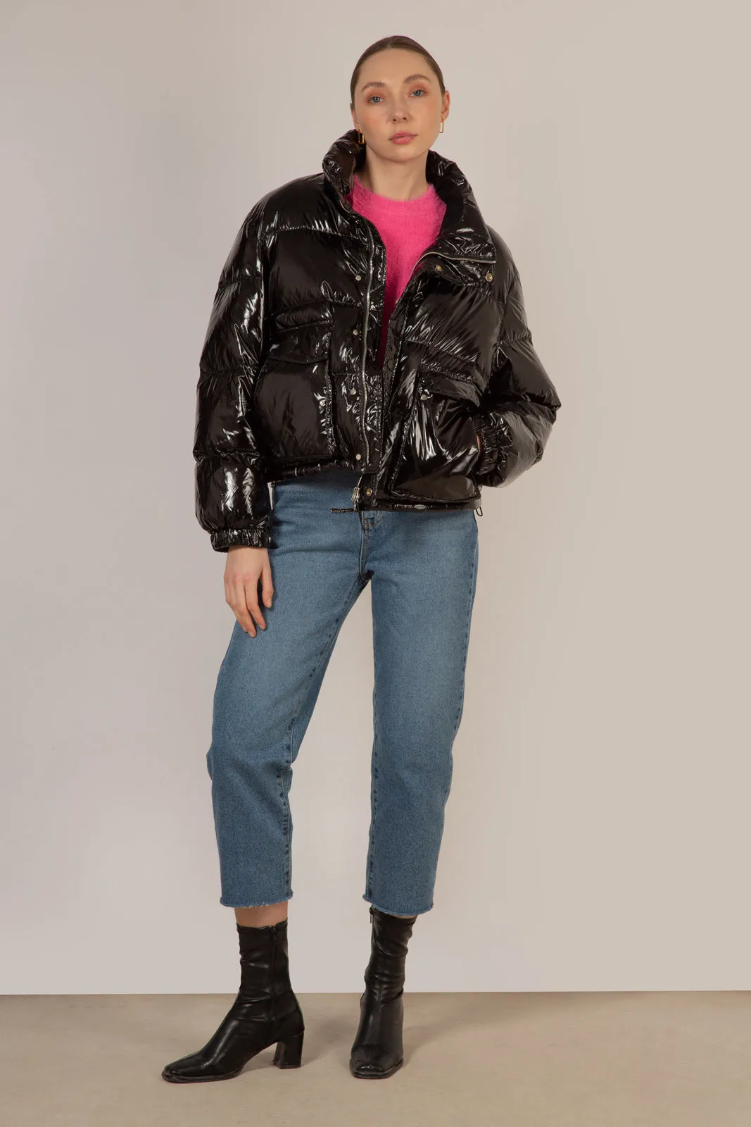 Black shiny down puffer jacket